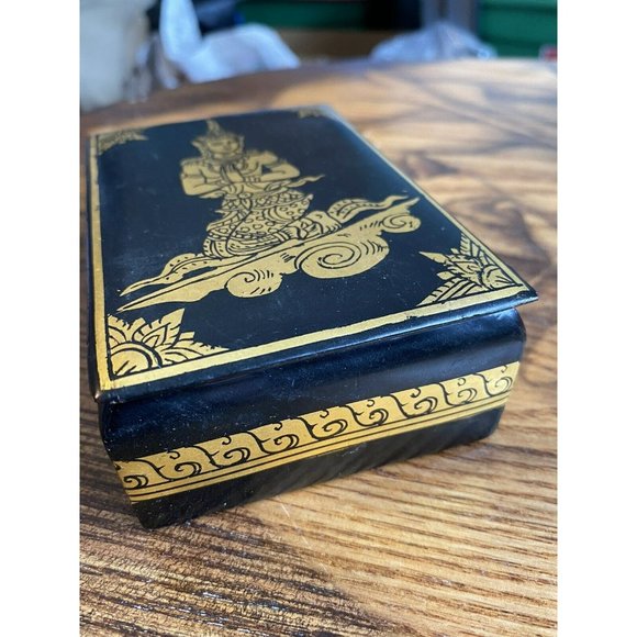 Vintage Black Lacquer Decorative Box w/ Gilt Design Balinese Dancer 4.5"x3"x1.5" - Picture 10 of 16